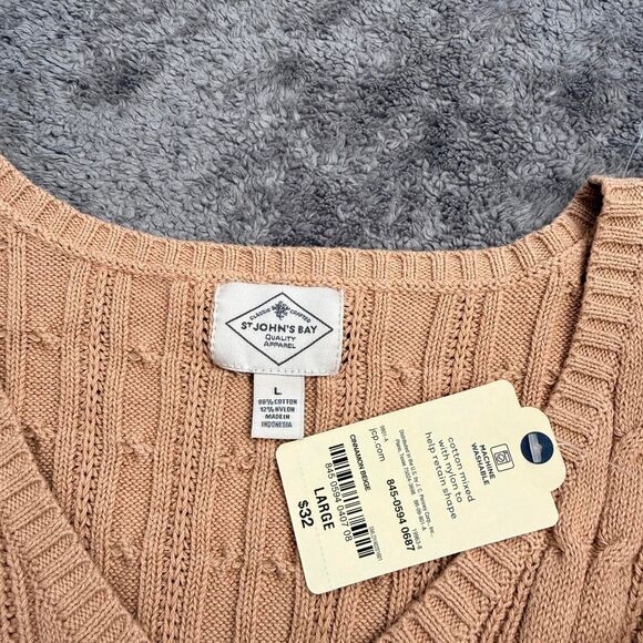 St. John’s Bay tan cable knit sweater v neck long sleeve - Picture 4 of 6